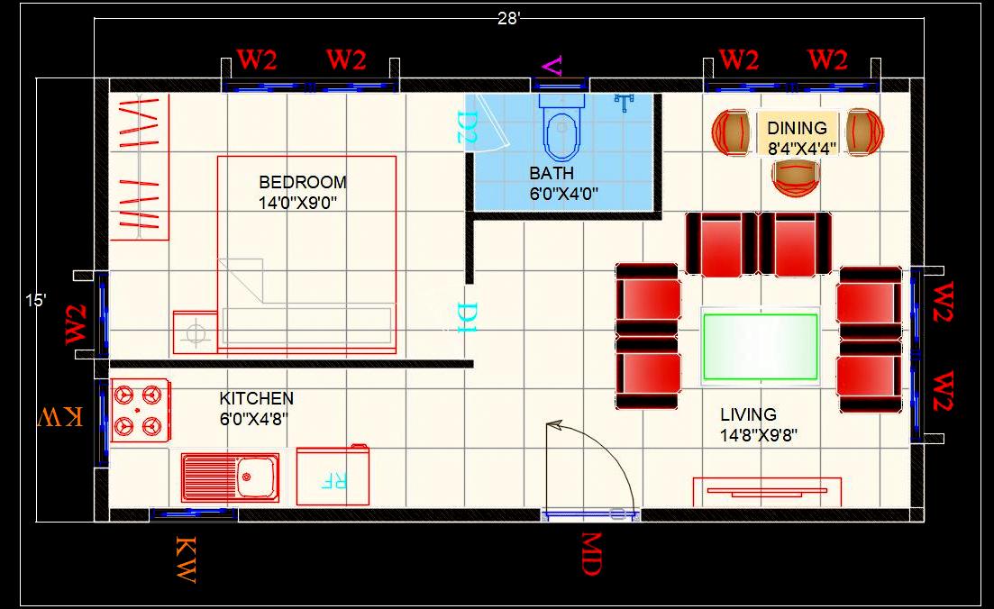 Studio Apartment CAD Design- 1 BHK Layout with Furniture Plan